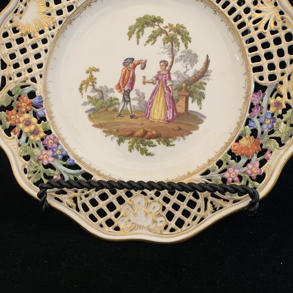 Helena Wolfsohn Reticulated Plate 8.5" Watteau Couple Scene Dresden Germany 4 - Picture 4 of 7
